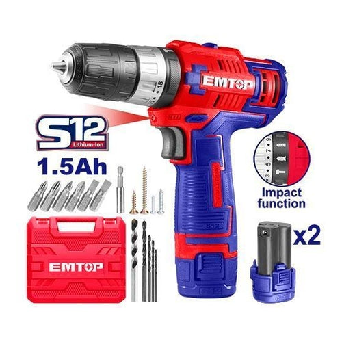 EMTOP S12 Cordless Impact Drill with 50Pcs Accessories, 2 Batteries (1.5Ah), 20NM Torque, ECDL125121