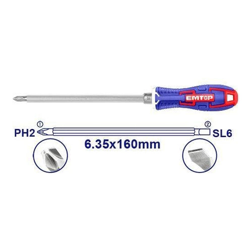 EMTOP 2-In-1 Screwdriver, SL6+PH2, 6.5" (160mm), ESDRH0202