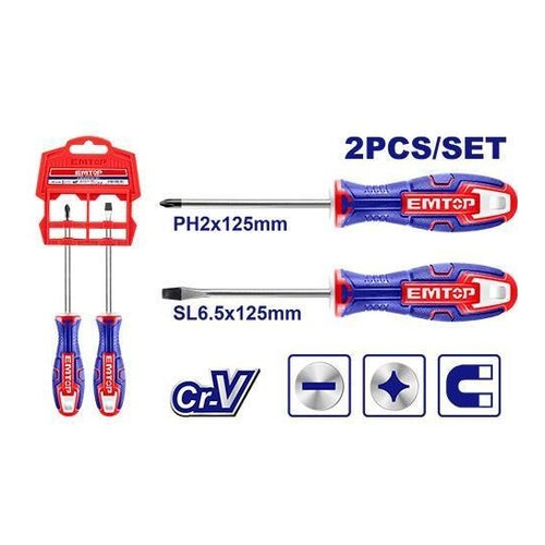 EMTOP Screwdriver Set, 2Pcs, SL6+PH2, 5" (125mm), ESST0202