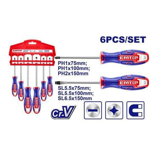 EMTOP Screwdriver Set, 6Pcs, SL6+PH2/PH1, ESST0602