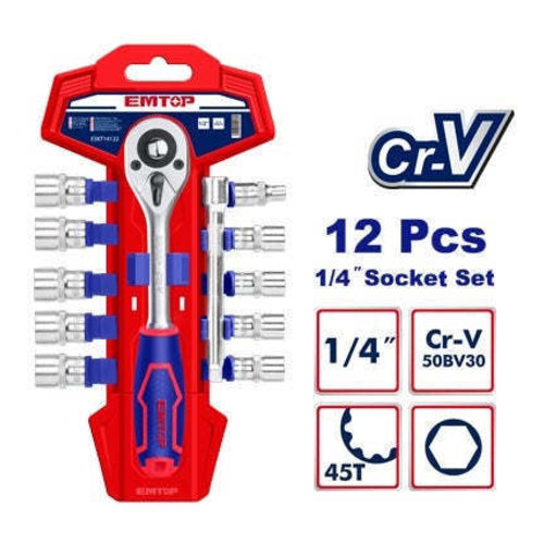 EMTOP Ratchet & Sockets Set, 12Pcs, 1/4", ESKT14122