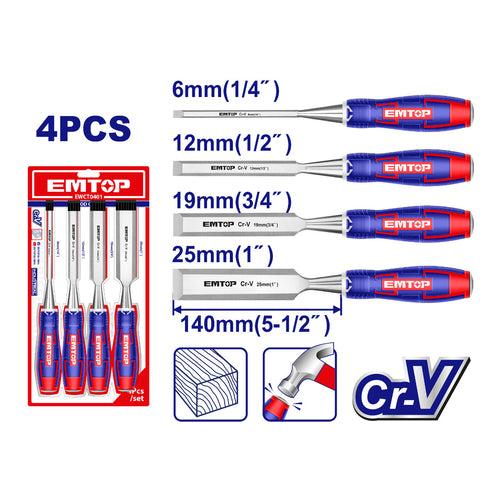 EMTOP Wood Chisel Set, 4Pcs, EWCT0401