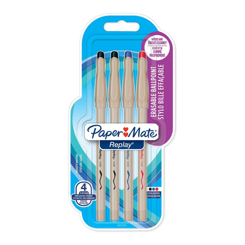 Paper Mate Replay Erasable Gel Ballpoint Pen with Eraser, 1.0mm, Multicolor, Pack of 4