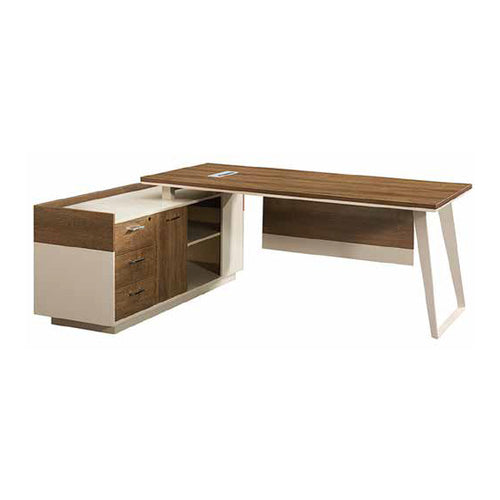 L-Shaped Wooden Executive Office Desk with Drawers & Open Shelf