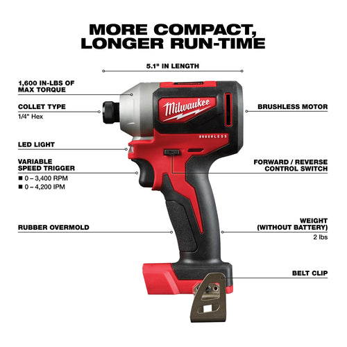 Milwaukee M18 CBLID-0 Compact Brushless 1/4" Hex Impact Driver, Tool Only, 4933464476