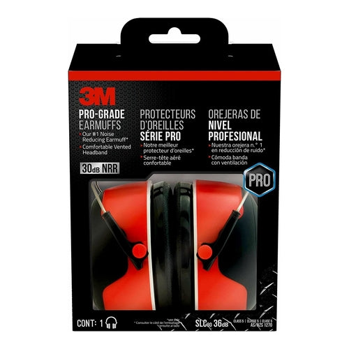 3M Pro-Grade Earmuffs, 30 dB Noise Reduction Rate, Black & Red