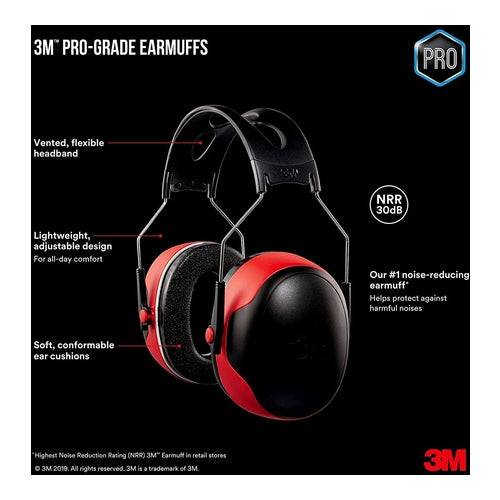 3M Pro-Grade Earmuffs, 30 dB Noise Reduction Rate, Black & Red